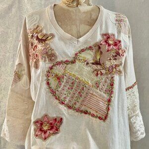 Upcycled Tea Stain V Neck T Shirt-Applique hearts & Flowers. Hanes XL-3/4 Sleeve